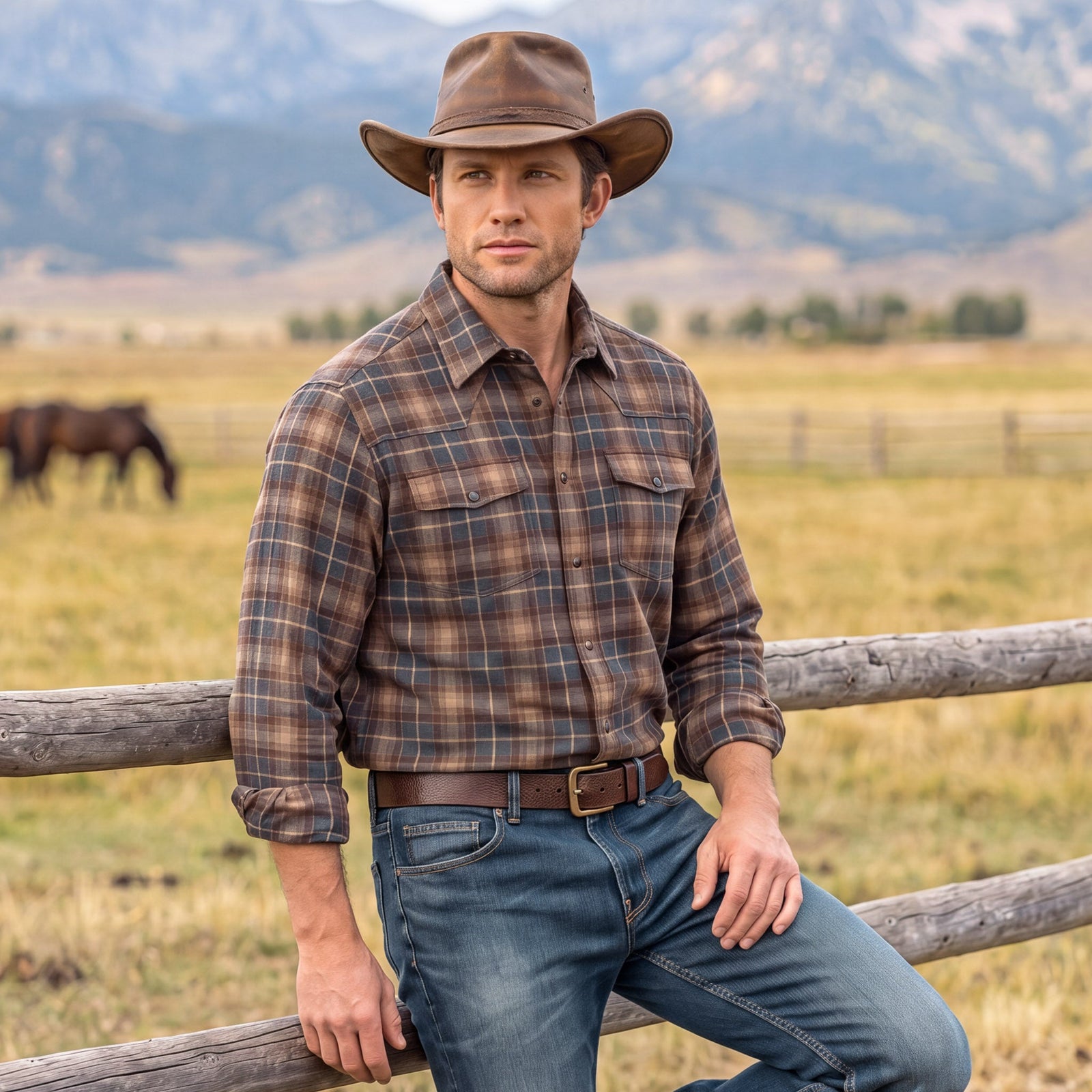 BISLEY WESTERN SHIRT - GREY/BROWN PLAID